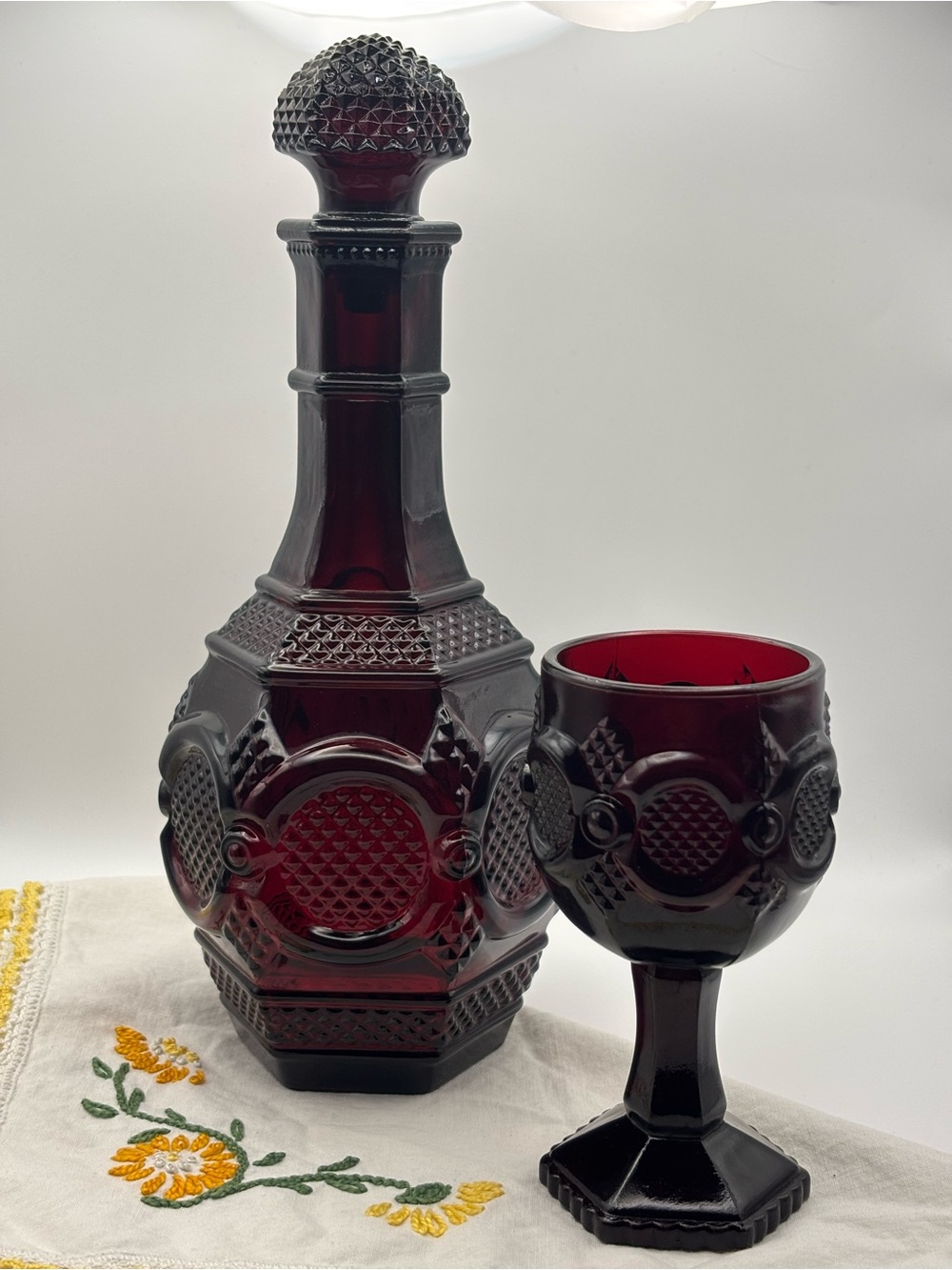 Vintage Avon 1876 Cape Cod Deep Ruby Red Glass Decanter & Goblet Set